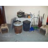 A QUANTITY OF GARDEN AND PET ITEMS TO INCLUDE THREE PET / DOG CAGES, STORAGE BINS WITH LIDS, HANGING