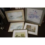FIVE FRAMED WATERCOLOURS TO INCLUDE LAKESIDE SCENES