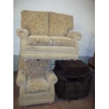 A TWO PIECE SUITE COMPRISING TWO SEATER SOFA AND A CHAIR TOGETHER WITH A BROWN RECLINER CHAIR