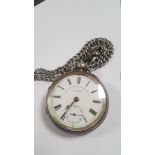 A SILVER OPEN FACED POCKET WATCH SIGNED J. G. GRAVES ON A WHITE METAL CHAIN A/F