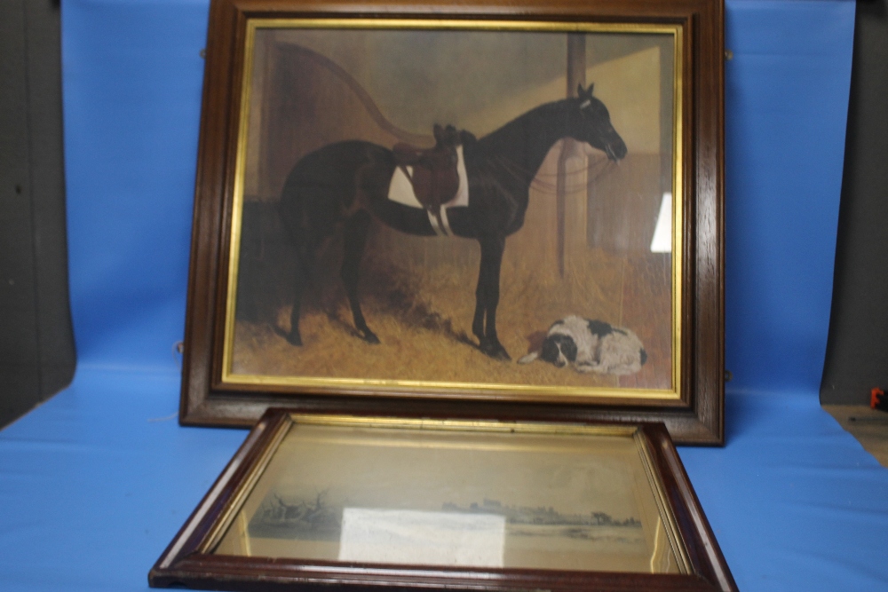 A FRAMED PICTURE OF A HORSE AND DOG TOGETHER WITH A FRAMED PRINT OF A WINTER SCENE