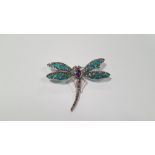 A SILVER PLIQUE-A-JOUR DRAGONFLY BROOCH / PENDANT SET WITH PEAR-SHAPED COBOCHON AMETHYST, RUBY