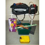 A QUANTITY OF TOOLS INCLUDING A BOXED WHEEL CLAMP AND A BAGGED GAS BARBEQUE