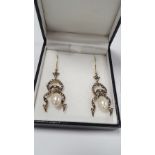 A PAIR OF RIBBON-STYLE DROP EARRINGS SET WITH SUSPENDED PEARLS AND DIAMONDS, BOXED