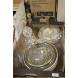 A TRAY OF GLASSWARE ETC. TO INCLUDE DECANTERS (TRAY NOT INCLUDED)