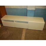 A WHITE HIGH GLOSS MODERN DESIGNER TV MEDIA UNIT WITH DRAWERS, AND CUPBOARD