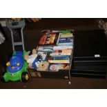 A TRAY OF ASSORTED BOOKS, TWO ARTHUR PRICE CUTLERY BOXES WITHOUT CONTENTS, AND A CHILD'S PUSH