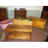 FIVE ITEMS INCLUDING AN OAK FIVE DRAWER VINTAGE CHEST OF DRAWERS, A COFFEE TABLE, BLANKETS CHEST