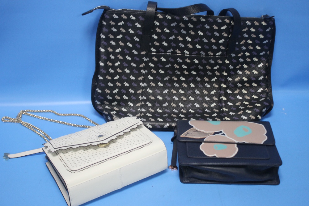 A RADLEY TWO HANDLED BAG WITH PRICE TAG TOGETHER WITH TWO RADLEY HANDBAGS WHICH ARE SECOND HAND