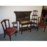 A COLLECTION OF ITEMS COMPRISING A WOTNOT, AN OVERMANTLE MIRROR, TWO ANTIQUE CHAIRS AND AN OAK TABLE