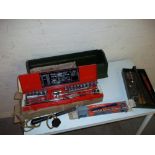 A TOOL BOX AND CONTENTS TOGETHER WITH VINTAGE NEW BOXED GUARDMAN SOCKET SET