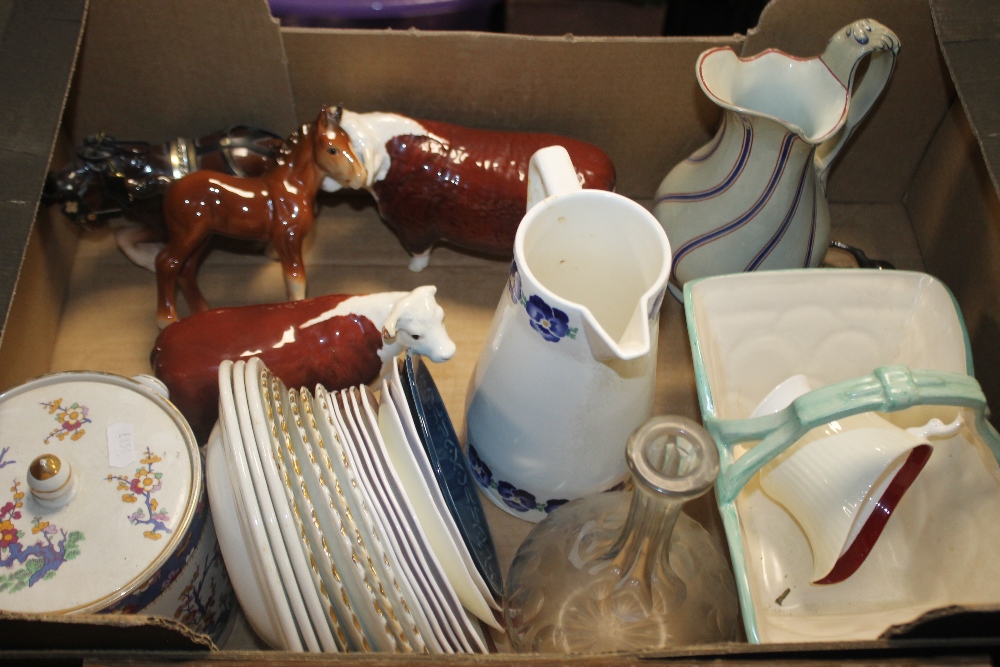 A TRAY OF CERAMICS TO INCLUDE A HEREFORD BULL (TRAY NOT INCLUDED)