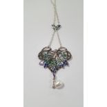 A SILVER PLIQUE-A-JOUR FAIRY NECKLACE SET WITH A SUSPENDED PEARL AND MARCASITES