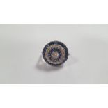 A PLATINUM SAPPHIRE AND DIAMOND RING, DIAMONDS APPROX. 0.78 CT, CALIBRE CUT SAPPHIRES APPROX. 2.35