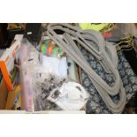 A SMALL TRAY OF COAT HANGERS, RUG ETC.