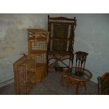 SEVEN WICKER ITEMS INCLUDING A DISPLAY UNIT, CORNER UNIT, BOOKSHELF, TABLES ETC.