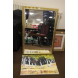 A FRAMED MIRROR APPROX. 105 X 71 CM TOGETHER WITH AN OIL ON CANVAS OF A WOODLAND
