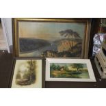 A FRAMED LANDSCAPE TOGETHER WITH TWO OIL PAINTINGS OF RURAL SCENES