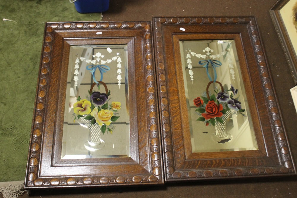 TWO OAK FRAMED GYPSY MIRRORS WITH PAINTED GLASS, APPROX. 52 X 83 CM