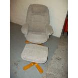 A FABRIC RECLINER SWIVEL CHAIR AND FOOTSTOOL