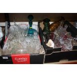 TWO TRAYS OF ASSORTED CUT GLASS, MEXICAN STYLE FIGURATIVE DECANTERS ETC.