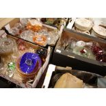 THREE TRAYS OF ASSORTED GLASSWARE TO INCLUDE CARNIVAL GLASS, PAPERWEIGHTS ETC.
