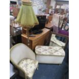 A WICKER BEDROOM CHAIR, OTTOMAN, MIRROR AND A STANDARD LAMP (4)