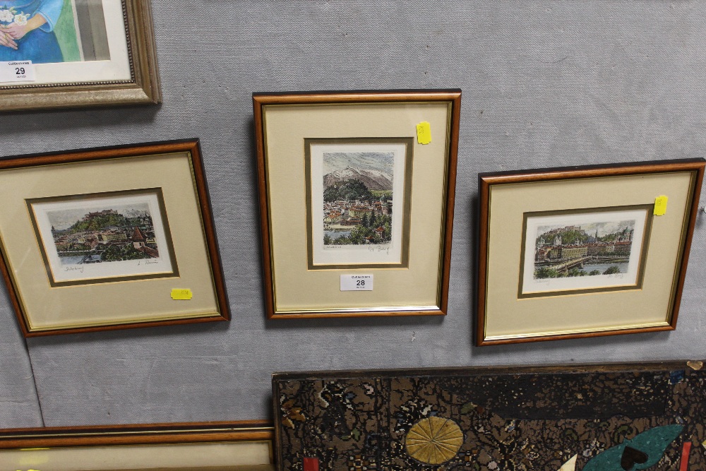 THREE SMALL SIGNED COLOURED ETCHINGS OF SALZBURG