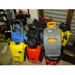 A MIXTURE OF ITEMS TO INCLUDE PRESSURE WASHERS, HENRY HOOVER, COMPRESSOR, VELOX 300, HOSE REEL