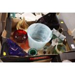 A TRAY OF STUDIO COLOURED GLASSWARE TO INCLUDE MDINA EXAMPLES