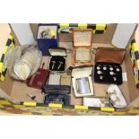 A BOX OF COLLECTABLES TO INCLUDE A MOTHER OF PEARL CUFF LINK AND STUD SET, LIGHTERS, COINS ETC