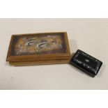 A MOTHER OF PEARL INLAID SNUFF BOX TOGETHER WITH A COPPER LIDDED WOODEN BOX DECORATED WITH FISH (2)