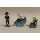 THREE ROYAL DOULTON FIGURES COMPRISING RIVER BOY HN2128, FRODO HN2912 AND GOLD STAMPED ELAINE