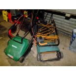 A QUALCAST ELECTRIC LAWNMOWER TOGETHER WITH AN ELECTRIC SCARIFIER AND A CYLINDER LAWNMOWER A/F