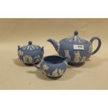 A BLUE WEDGWOOD JASPERWARE 3 PIECE TEA SERVICE