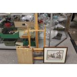A SMALL ARTISTS EASEL, TOGETHER WITH AN ARTISTS BOX AND A LOCAL INTEREST PRINT OF CHURCH LANE