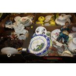 FOUR TRAYS OF ASSORTED CERAMICS AND FIGURES TO INCLUDE A LARGE WAX FIGURE OF MARY AND JESUS, ROYAL