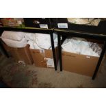 TWO BOXES OF EX SHOW HOME BEDDING TO INCLUDE DUVETS AND PILLOWS, TOGETHER WITH A BOX OF TOWELS (3)