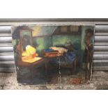 A VINTAGE OIL ON CANVAS DEPICTING AN INTERIOR SCENE WITH FIGURE - SIGNED VERSO