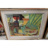 AFTER ANDRE L'HOTE (1885-1962) - ABSTRACT DOCKLAND SCENE WITH BOATS COLOURED PRINT ON BOARD