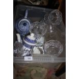 A BOX OF CUT GLASS FRUIT DISHES ETC. TOGETHER WITH TWO BLUE AND WHITE TEAPOTS