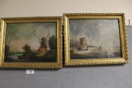 A PAIR OF GILT FRAMED VINTAGE OILS ON BOARD DEPICTING RIVER SCENES