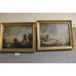 A PAIR OF GILT FRAMED VINTAGE OILS ON BOARD DEPICTING RIVER SCENES