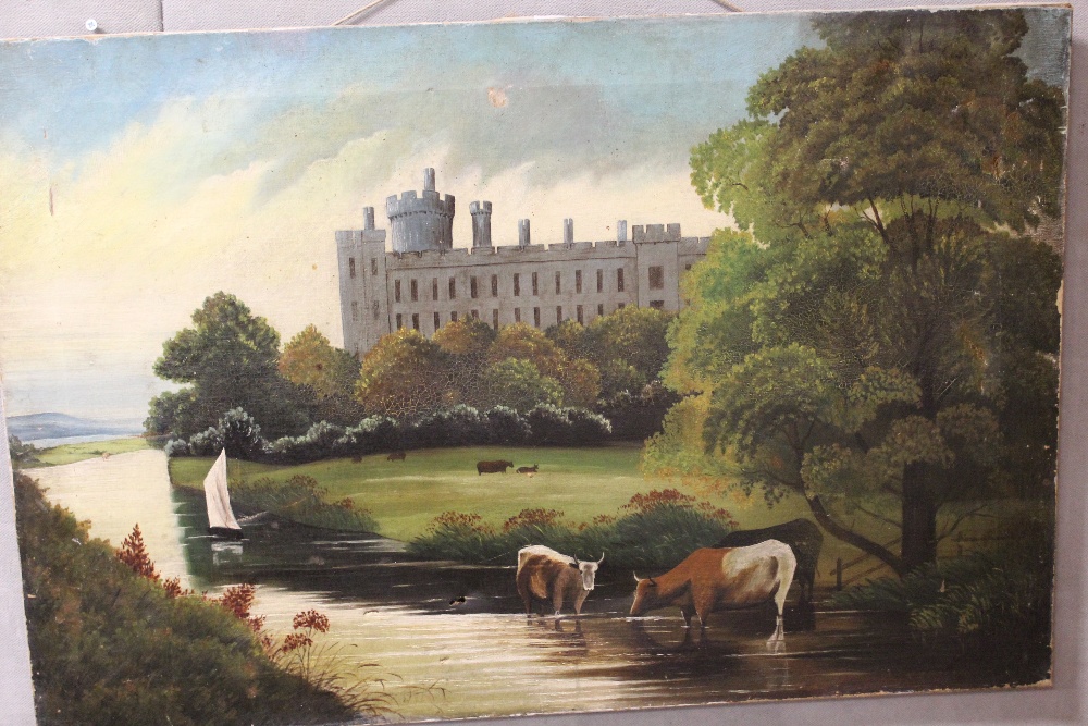AN UNFRAMED OIL ON CANVAS DEPICTING CATTLE WATERING BEFORE A CASTLE