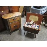 A DECO STYLE OAK DRINKS CABINET / TROLLEY, H 71 cm, TOGETHER WITH A RETRO SEWING BOX - BOTH A/F