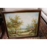A FRAMED OIL ON CANVAS DEPICTING A WOODED LANDSCAPE WITH COTTAGE SIGNED CAFIERI