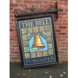 A LARGE VINTAGE 'THE BELL' PUB SIGN ON A METAL FRAME, OVERALL H 160 cm, W 104 cm