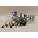 A COLLECTION OF WEDGWOOD JASPERWARE, WADE WHIMSIES AND TWO GLASS ANIMAL FIGURES ETC.