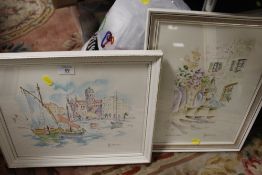 A PAIR OF PEN AND INK WASH STUDIES DEPICTING A HARBOUR SCENE AND A FOUNTAIN SIGNED P FISTERER ? (2)