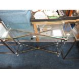 A MODERN GLASS TOPPED CHROME / GOLD CONSOLE TABLE H 78 cm, W 120 cm, D 40 cm